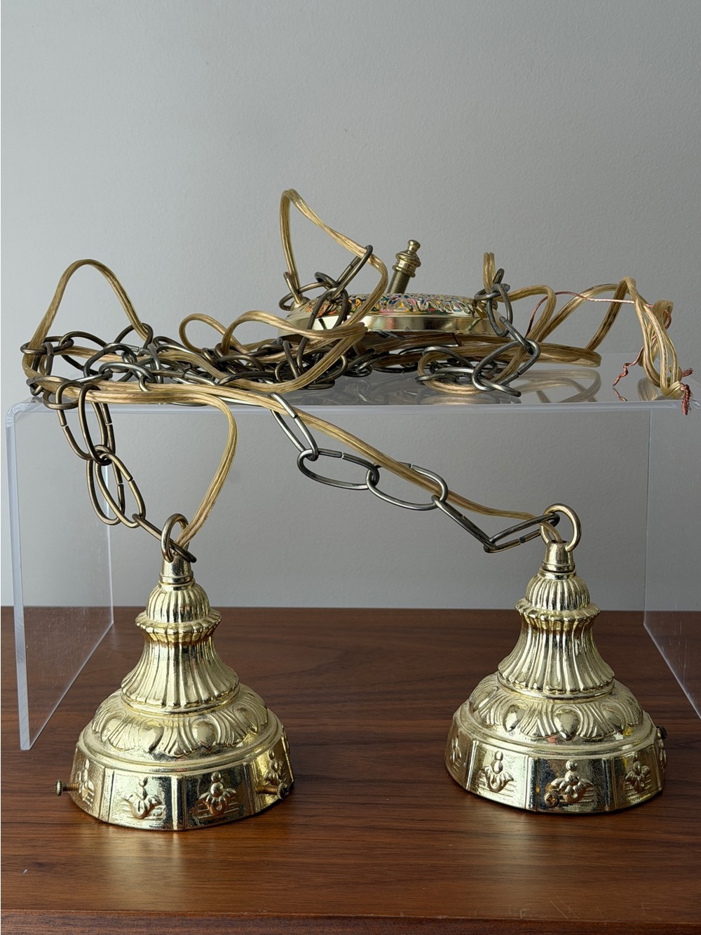 Double Pendant Ceiling Light Swag Ornate Gold Hanging Lantern Canopies Retro MCM - Picture 14 of 15